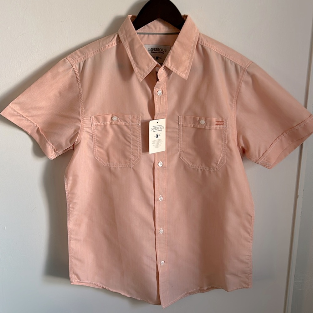 New Imperious Men’s Casual Peach Micro Striped Short Sleeve Button Down Shirt